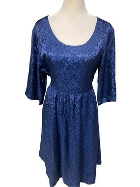 April Cornell Navy Blue Jacquard Dress Size S Pockets Bell Sleeve Midi Vintage